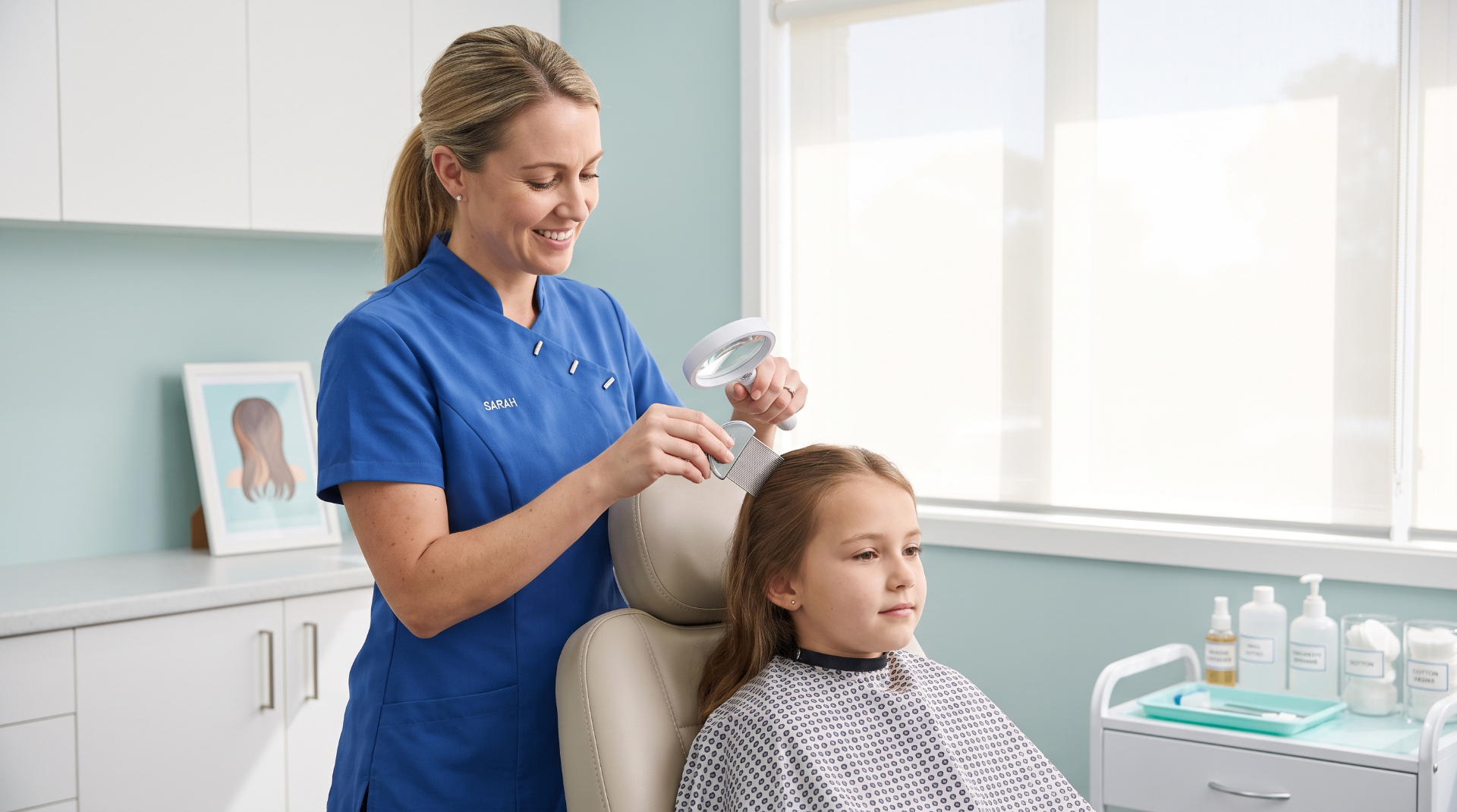 Especialista revisando el cabello de una niña en clínica